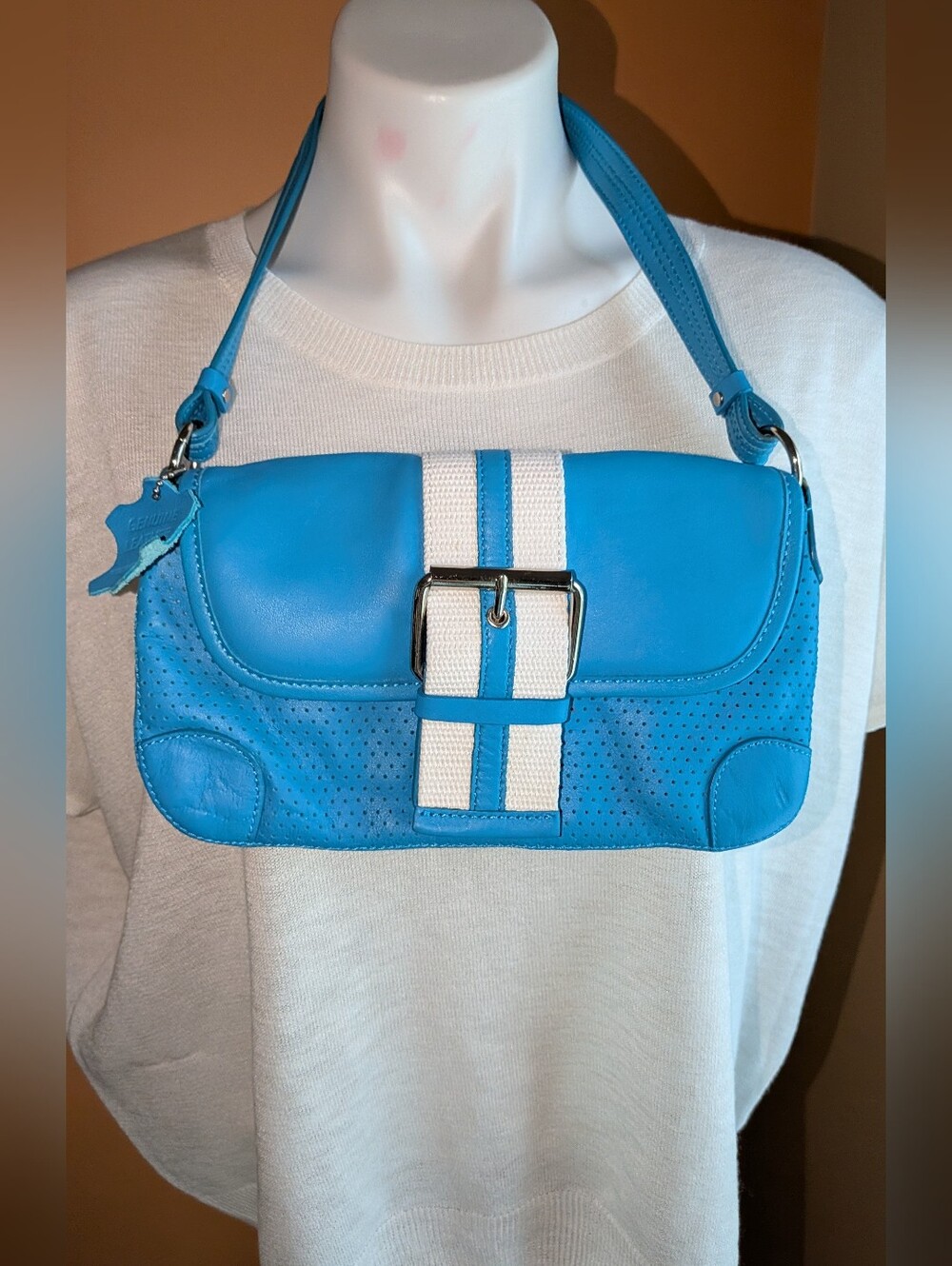 GIANI BERNINI Blue Leather Shoulder Bag with Contrast Stripe